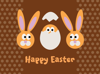 easter card with bunnies and hatching egg flat vector illustration