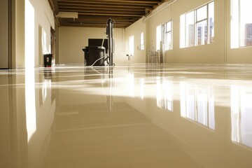 Shiny epoxy floor reflects light in a bright, modern industrial building. Use for flooring ads, construction, new business, or design concepts.