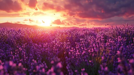 Fototapeta premium Sunset over Lavender Field with Butterflies