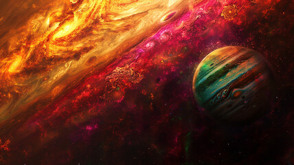 A vibrant depiction of a colorful nebula with a planet amidst cosmic dust and swirling gasses around it