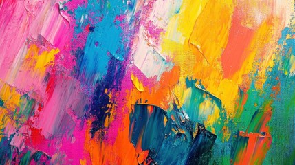 A colorful abstract painting on canvas, filled with expressive brushstrokes and splashes of paint. The vibrant hues and textures create an artistic  