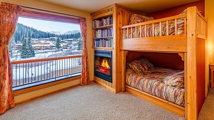 Fototapeta premium Cozy mountain cabin bedroom with bunk beds, fireplace, and snowy view