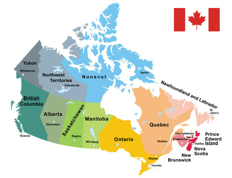 Canada Map on White Background with Canada Flag. Regions and provinces. Highly detailed vector illustration.