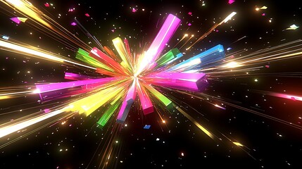 Naklejka premium Colorful exploding abstract objects with light trails and confetti