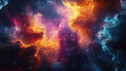 A colorful cosmic nebula with vibrant clouds of orange, pink, and blue, set a dark starry background. The abstract composition showcases a blend of light, texture, and glowing patterns. Generative AI