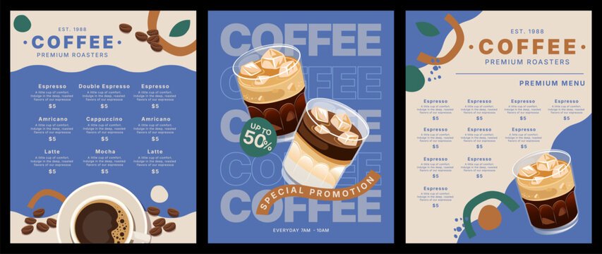 coffee shop and cafe menu mockup template design, vector illustration of coffee flat style, food and drink concept, poster and promotion, coffee cup of espresso, americano, mocha, latte and flat white