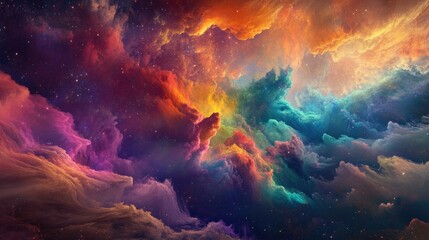 A colorful cosmic nebula with vibrant clouds of orange, pink, and blue, set a dark starry background. The abstract composition showcases a blend of light, texture, and glowing patterns. Generative AI