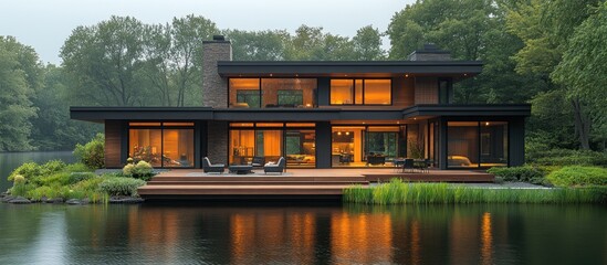 Obraz premium Modern lake house at dusk, lit interiors, tranquil setting