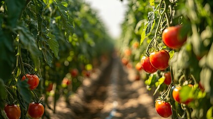 a Florida tomato farm at peak harvest, with rows of ripe tomatoes glistening in the sunlight. Include elements like green leaves, watering systems, and farmers carefully picking the fruit, capturing 