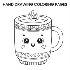 Cute Kawaii Coffee Mug with Plants. Kawaii-style coffee mug with plants, cute doodle hand-drawn coloring page for kids.
