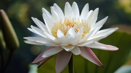 Delicate white lotus flower in a pond, vibrant colors and soft light