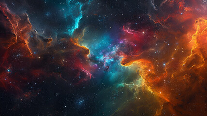 Fototapeta premium A vibrant nebula with swirling clouds of blue orange and red gases in a starry expanse view from earth