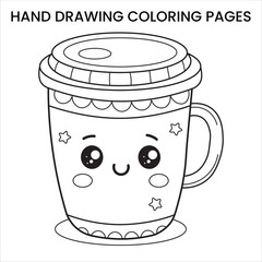 Cute Kawaii Coffee Mug with Plants. Kawaii-style coffee mug with plants, cute doodle hand-drawn coloring page for kids.
