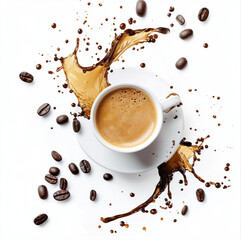 Obraz premium coffee with coffee splashing out and coffee beans on a white background.