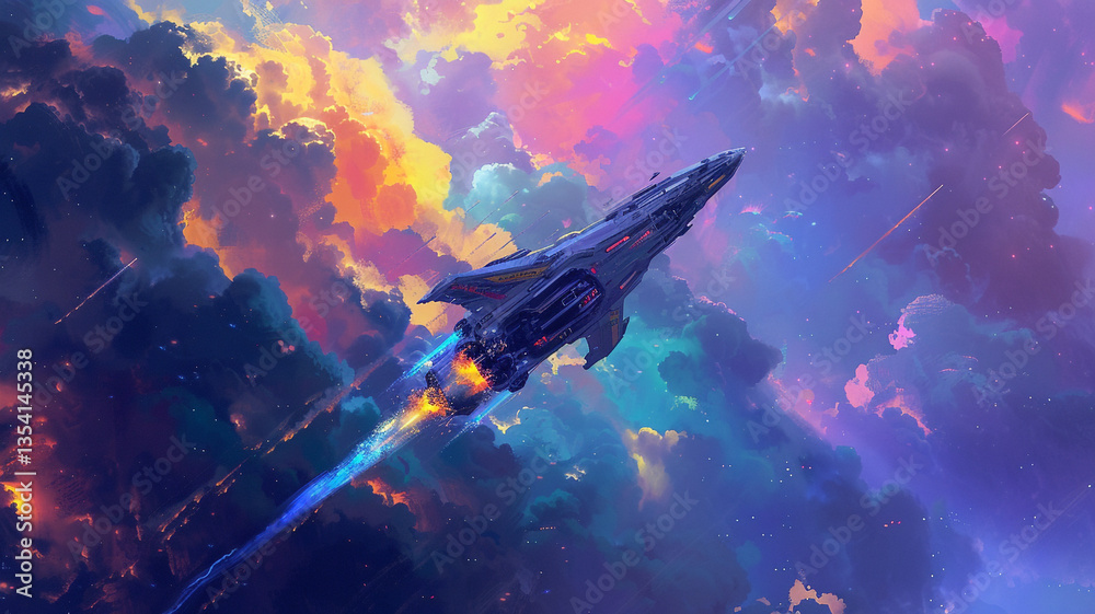 Wall mural spaceship flying through colorful clouds with a trail of fire and light in a fantasy setting