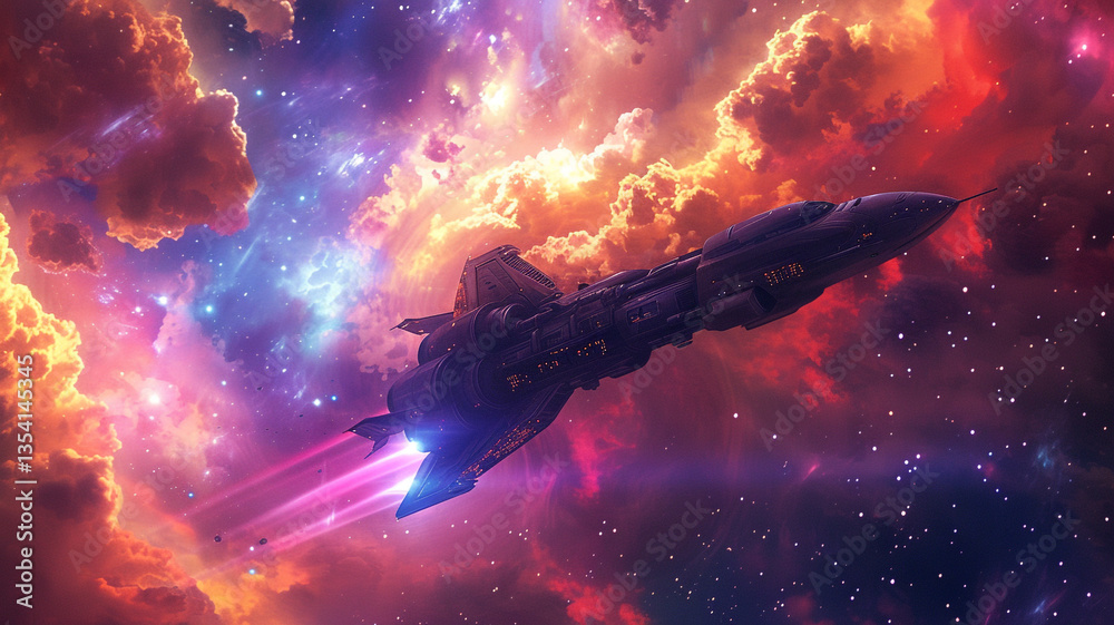 Wall mural spaceship flying through a colorful nebula with stars and clouds in a fantasy setting scene