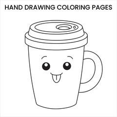 Cute Kawaii Coffee Mug with Plants. Kawaii-style coffee mug with plants, cute doodle hand-drawn coloring page for kids.