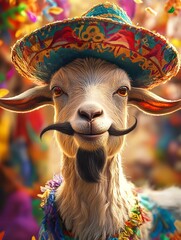 Obraz premium Funny Close-Up Portrait of a Goat Wearing Sombrero and Mustache – Mexican Fiesta Celebration Animal Concept