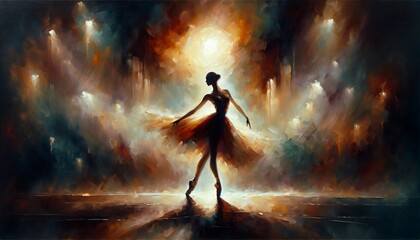 Ballerina silhouette on stage with dramatic lighting
