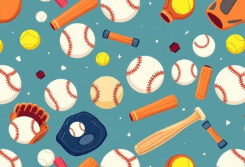 Cartoon baseball, softball, bat, and glove seamless pattern Fun vector illustration for sports fans, tile, vintage