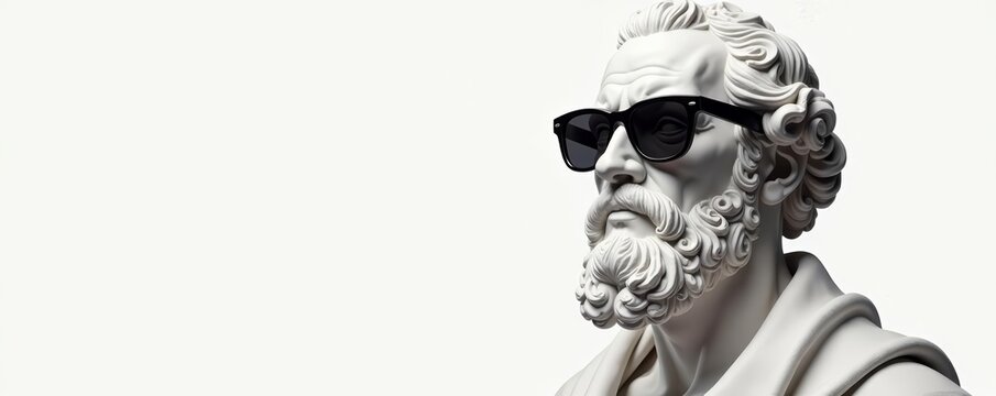 Ancient philosopher bust sculpture wearing modern sunglasses isolated on white background, sunglasses, isolated
