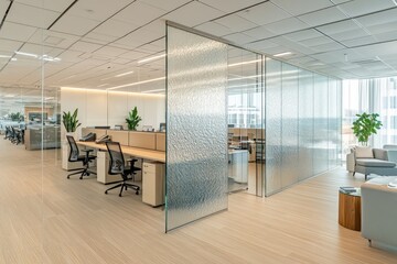 An office floor plan with textured glass panels adding privacy to shared desks, surrounded by neutral-toned furniture and light wood flooring