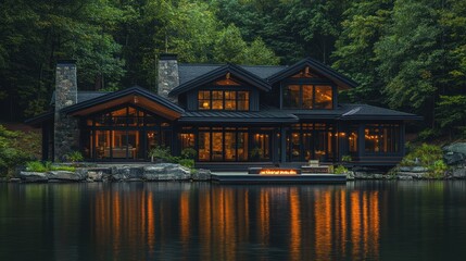 Fototapeta premium Modern black house on lake at twilight with fire pit