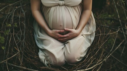 Expectant mother in a dress embracing her baby bump while nestled in natural nest-like setting with atmospheric lighting