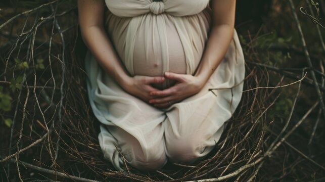 Expectant mother in a dress embracing her baby bump while nestled in natural nest-like setting with atmospheric lighting