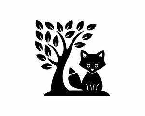 creative details Fox Sitting Under a Tree Icon vector illustration