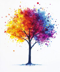 Colorful tree with vibrant splashes on white background