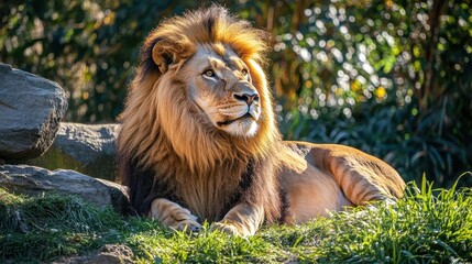 Obraz premium majestic male lion resting in grass