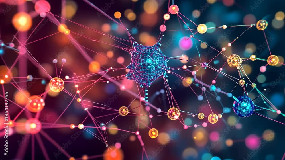 Poster exploring the intricate connections between neurons in vibrant colors and complex patterns