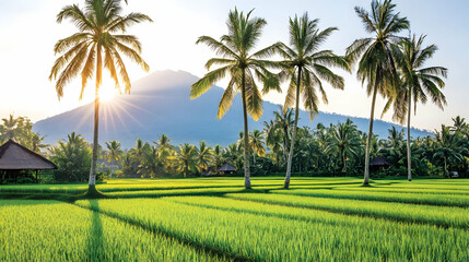 Obraz premium Sunrise Over Rice Paddy Fields With Palm Trees And Volcano In Bali