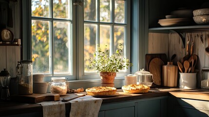 Fototapeta premium Rustic kitchen with pies and bread on a wooden counter near a window. Autumn light coming through the window highlighting vintage utensils and flowers in vases. Cozy rural interior. Generative AI