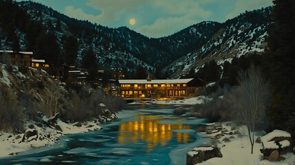 Illuminated lodge nestled in snowy mountain valley at night.