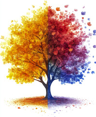 vibrant tree with colorful leaves on white background