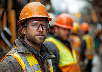 Construction worker wearing an orange hard hat and vest, focused on the job site. Dedication, teamwork, and safety on a rainy workday