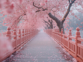 A tender photograph of cherry blossoms over a bridge across a river. Cherry blossom arch. Foggy morning