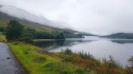 Empty road leading through misty hills with trees and a small lake in the background. Foggy weather creating a serene and mysterious atmosphere. Nature and solitude concept. Generative AI