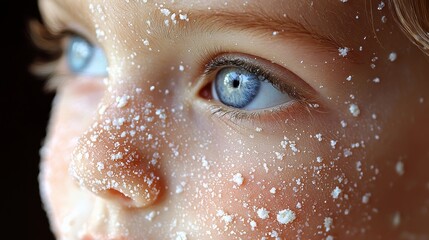 Close-up of a child's face with sparkling droplets, showcasing bright blue eyes and playful innocence