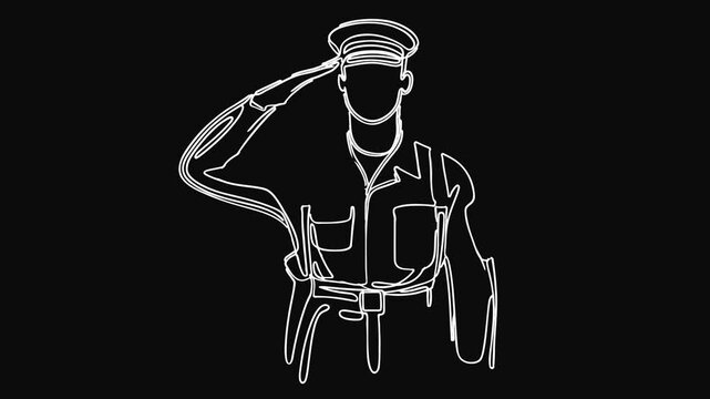 saluting soldier minimalist continuous line drawing, animation on dark background