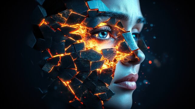 Woman's face fractu into glowing fiery shards dark against a black background representing emotional turmoil and strength in a digital art form