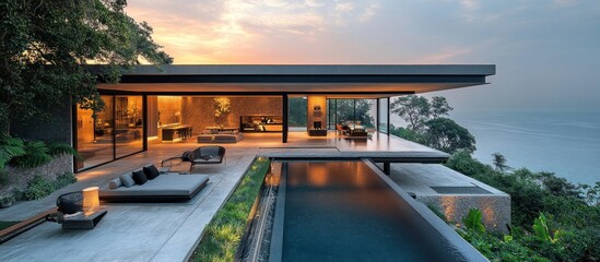 Fototapeta premium Modern cliff house with infinity pool at sunset