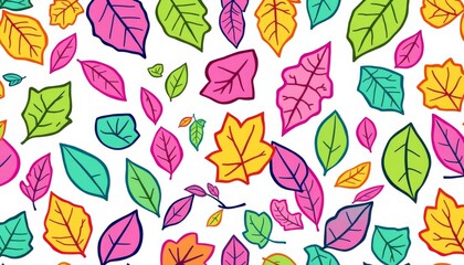 Cheerful seamless pattern featuring colorful outlined leaves in various shapes and sizes on a white background, spring, outline