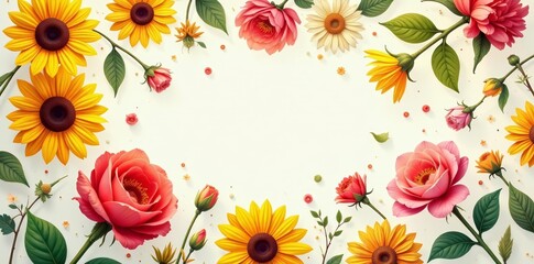 Cheerful summer blossoms like sunflowers, daisies, and roses on a seamless pattern, wild flowers, sunflowers, daisies