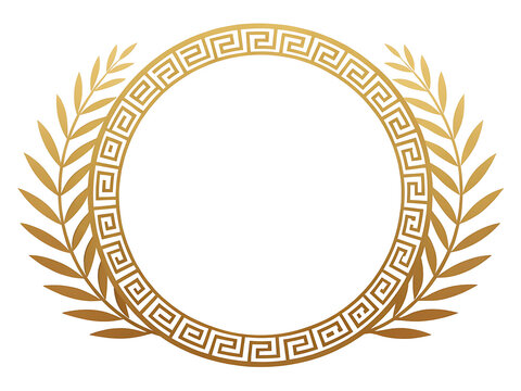 Golden Laurel Wreath Frame with Greek Key Border &ndash; Elegant Circular Design