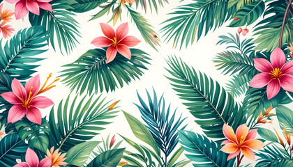  Seamless Tropical Design Pattern with Vibrant Flowers and Lush Green Leaves
