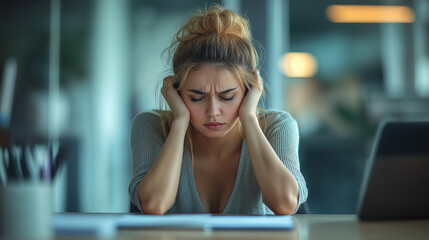 Unhappy young woman sitting in front of a desk at the office, sick and stress headache feeling depressed suffering trauma from problem trouble tension, tired difficulty mental health, exhausted pain