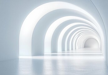 Naklejka premium A stunningly bright and minimalistic corridor with archways, showcasing elegant lighting and smooth surfaces. Copy space, commercial use